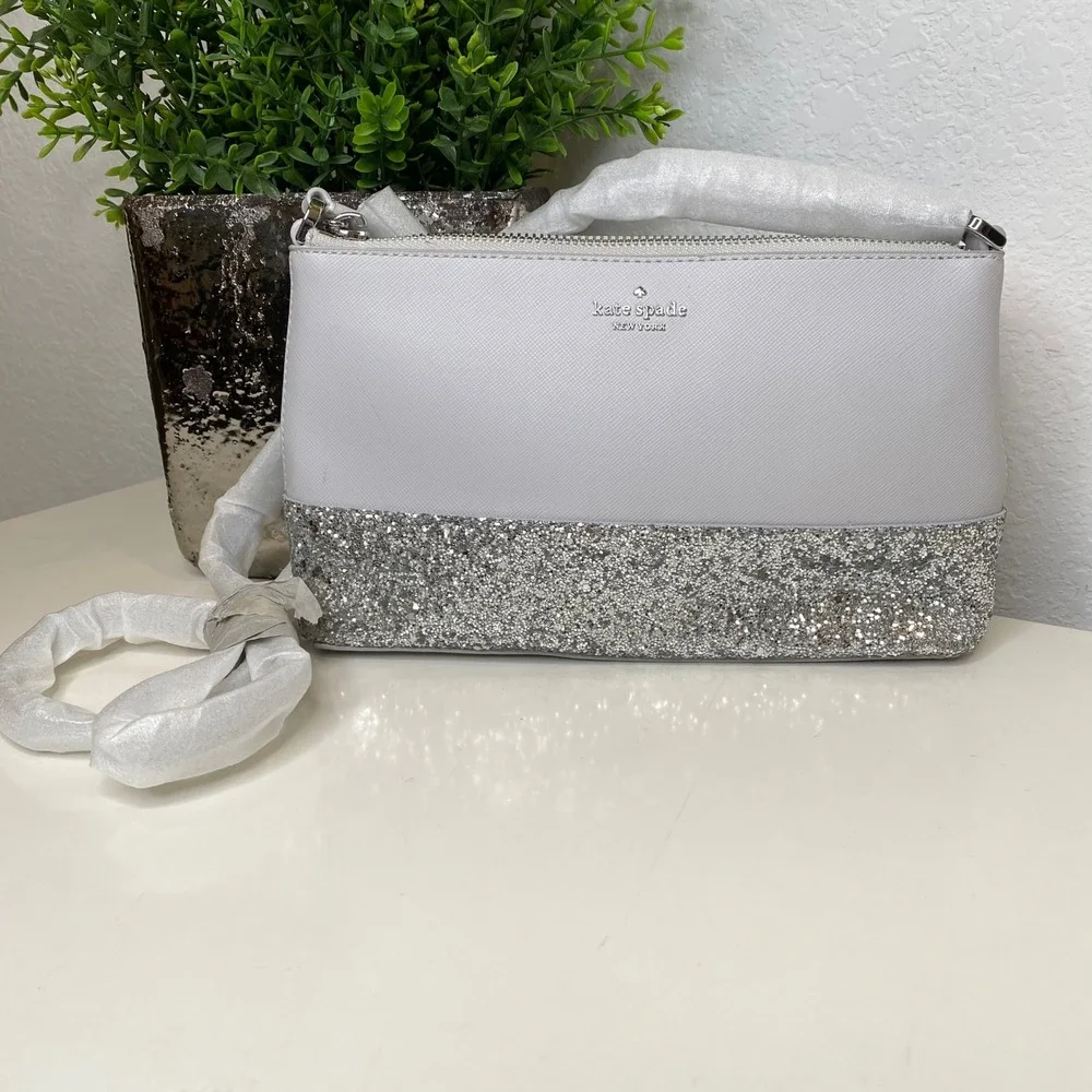 Kate Spade‎ Flash Glitter Saffiano Leather Crossbody Bag Grey Silver Glam Prom